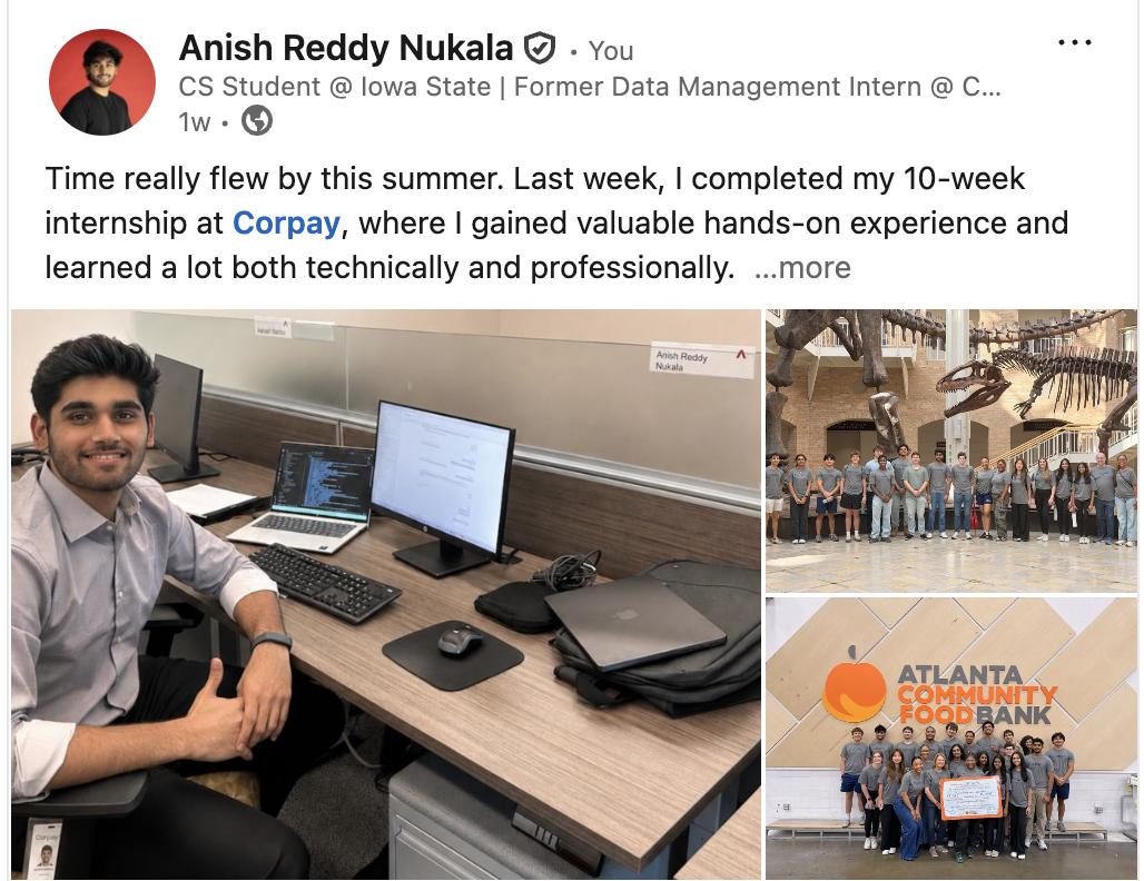 Preview of Anish Reddy Nukala's Corpay internship LinkedIn post